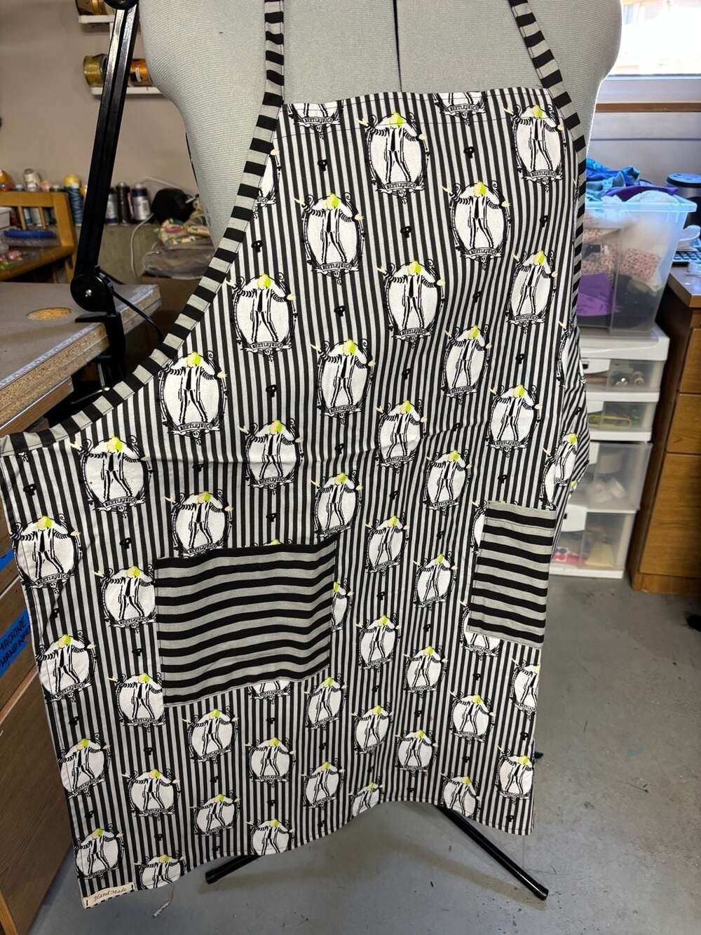 Beetlejuice Black and White Striped Character Print Bib Apron with Pockets